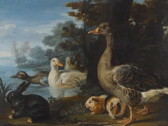 Enten, eine Gans, Meerschweinchen und ein Kaninchen in einer bewaldeten Landschaft an einem See